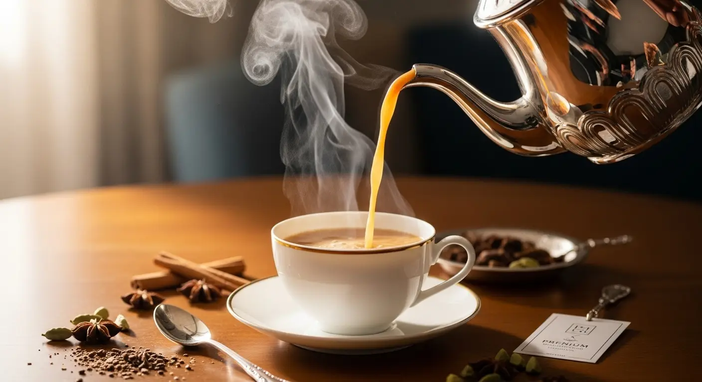 Fresh masala chai being poured into a cup
