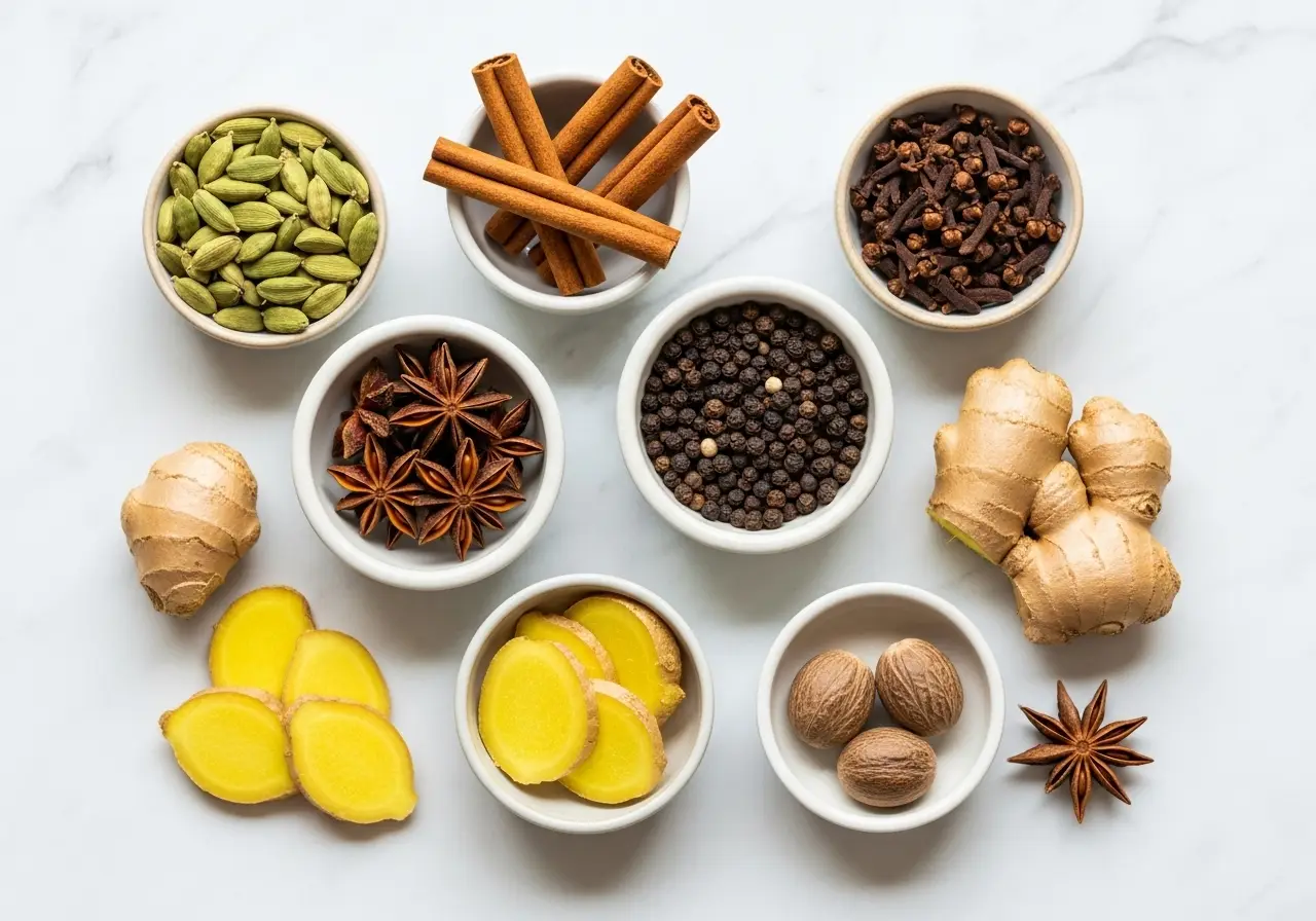 Masala chai spices arranged on a table