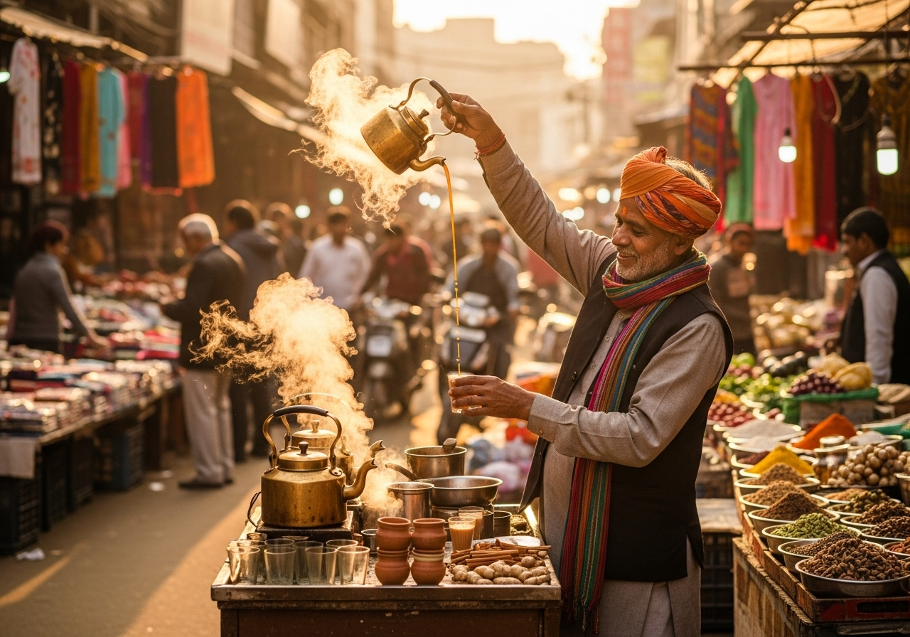 Street-style masala chai being prepared at a roadside stall