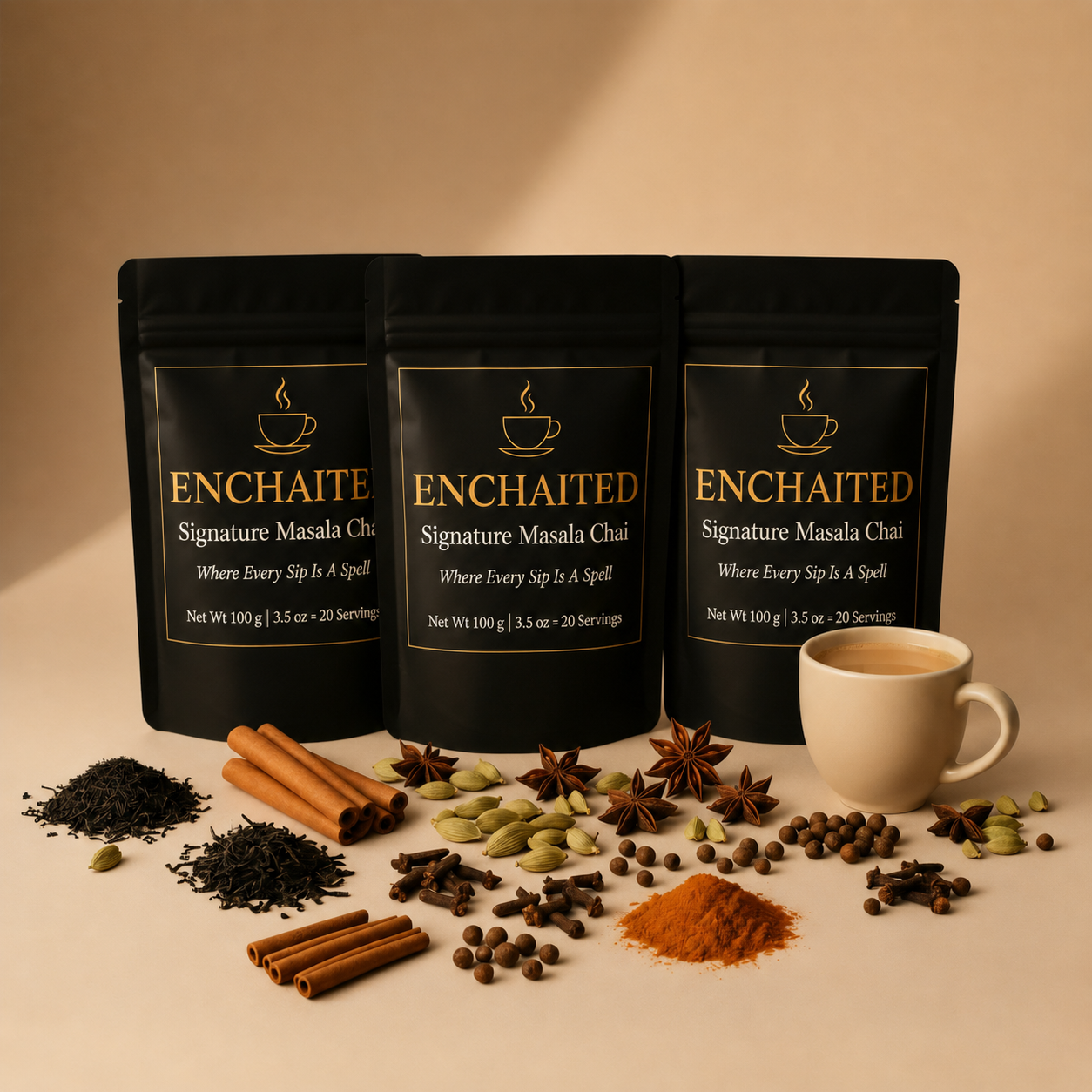 Three Founders Blend pouches arranged together