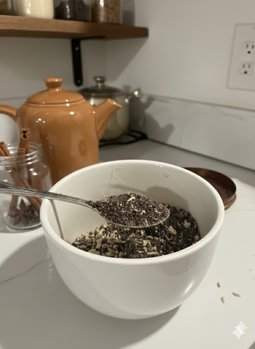 Spoon scooping the loose leaf masala chai blend