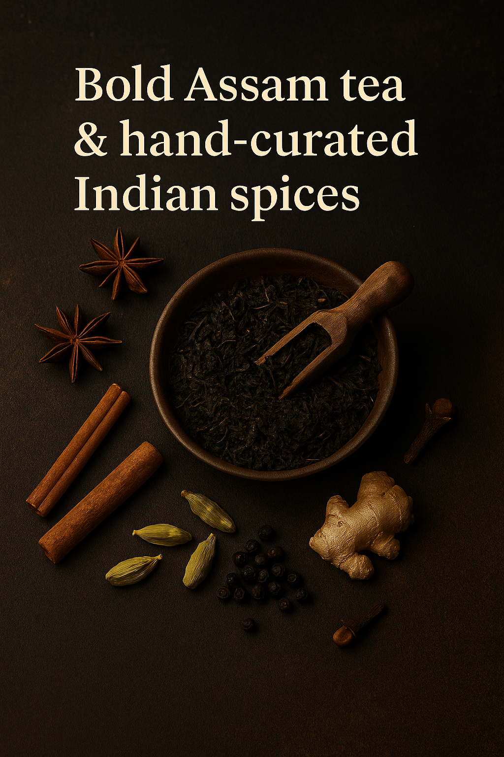 Seven chai spices arranged artfully on fabric