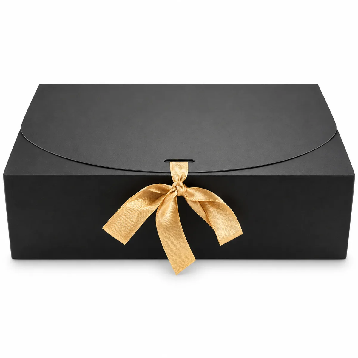 Closed black Enchaited gift box tied with a gold ribbon
