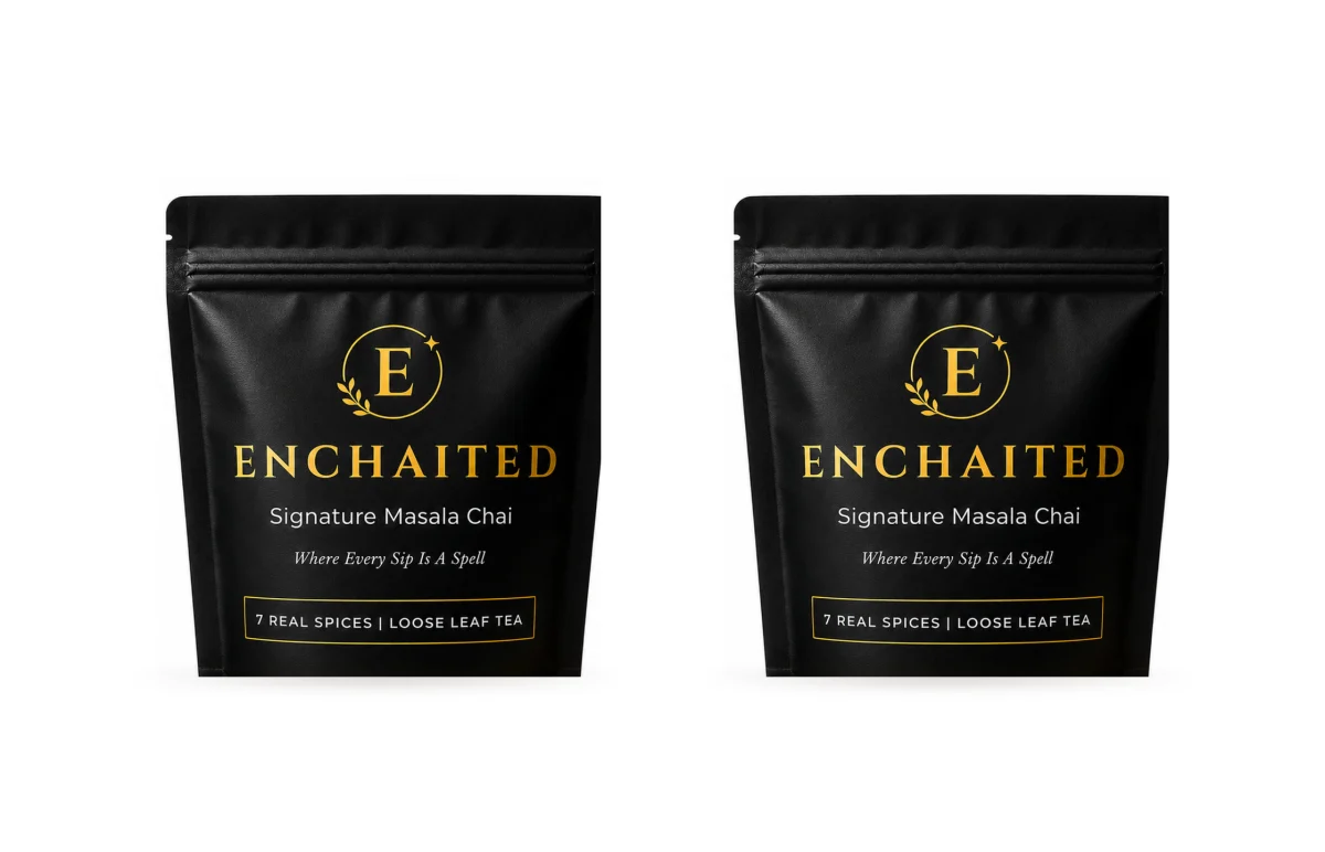 Two Enchaited Signature Masala Chai pouches side by side
