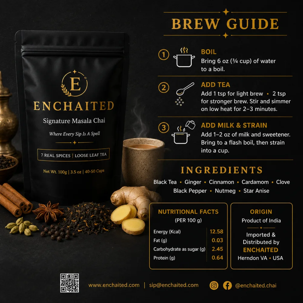 Back of the Enchaited pouch showing brewing instructions, ingredients and nutrition information