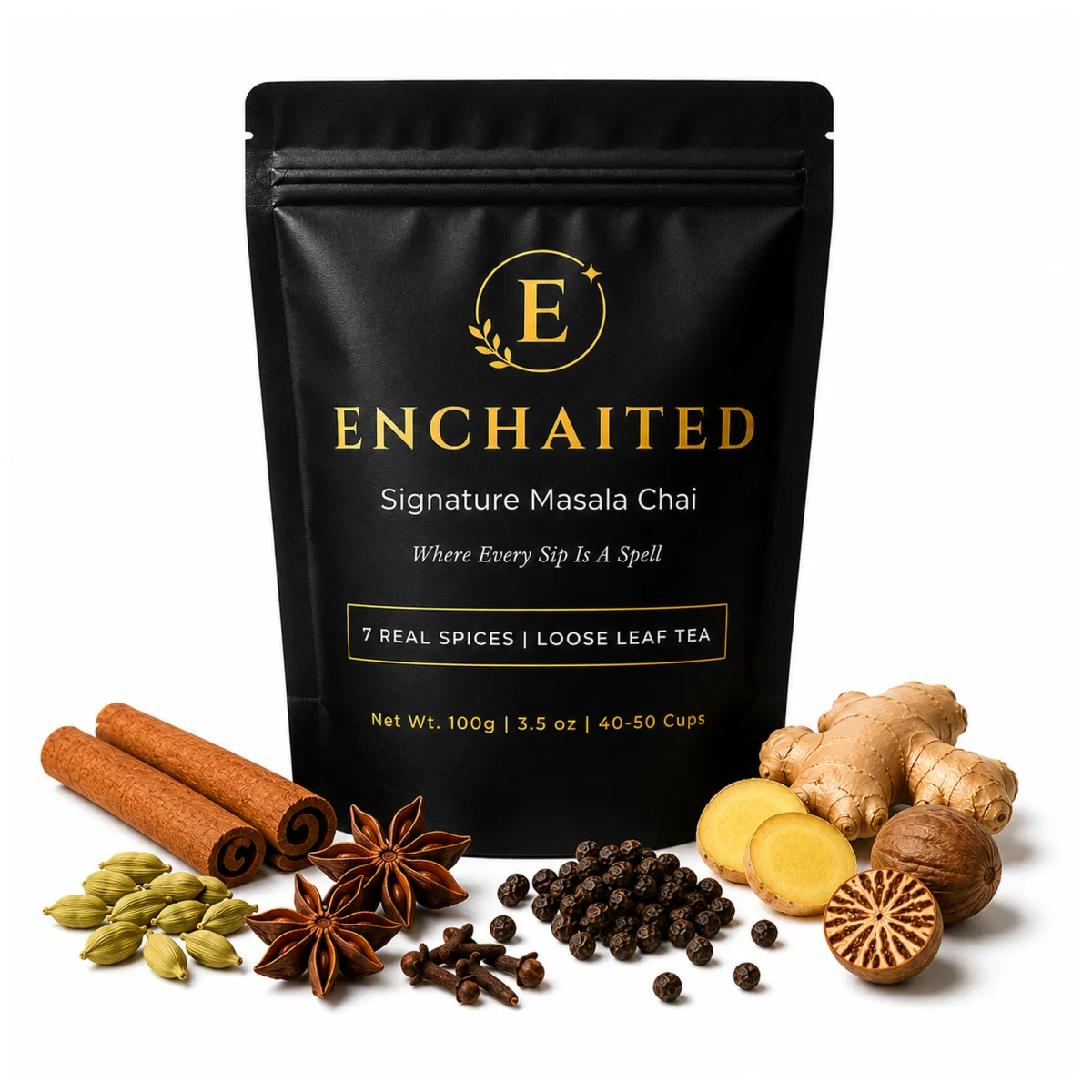 Enchaited Signature Masala Chai pouch surrounded by cinnamon, star anise, cardamom, cloves, black pepper, nutmeg and ginger