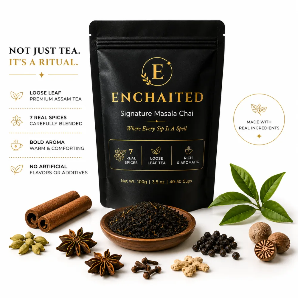 Enchaited loose leaf masala chai brewed and served