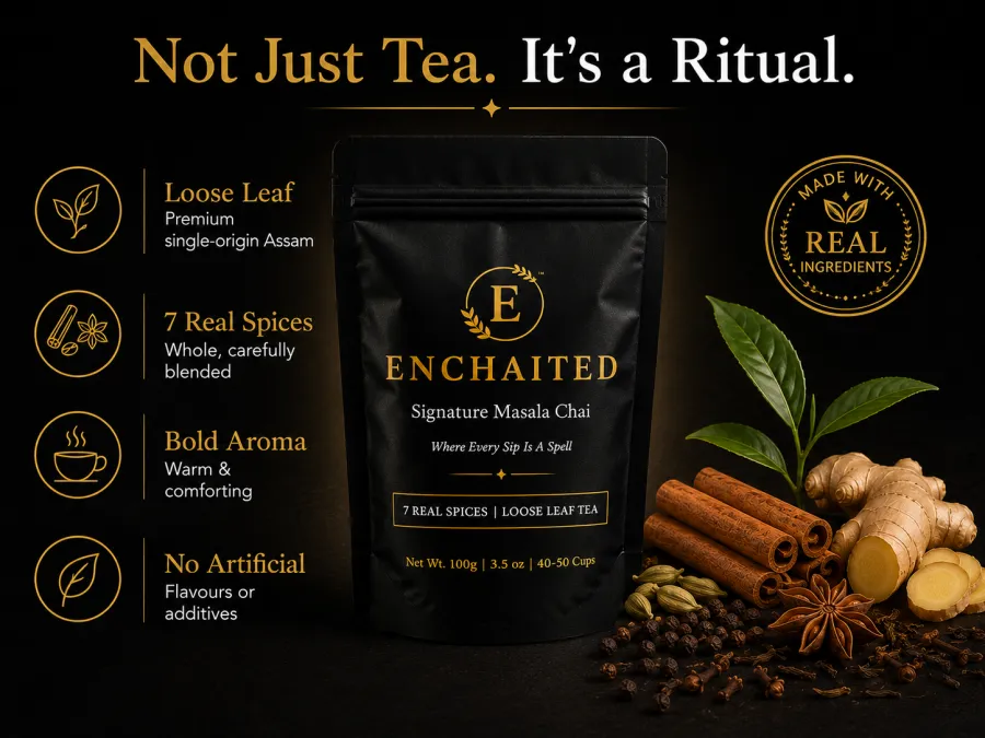 Not just tea, it is a ritual: loose leaf premium single-origin Assam, seven real spices whole and carefully blended, bold and comforting aroma, no artificial flavours or additives.