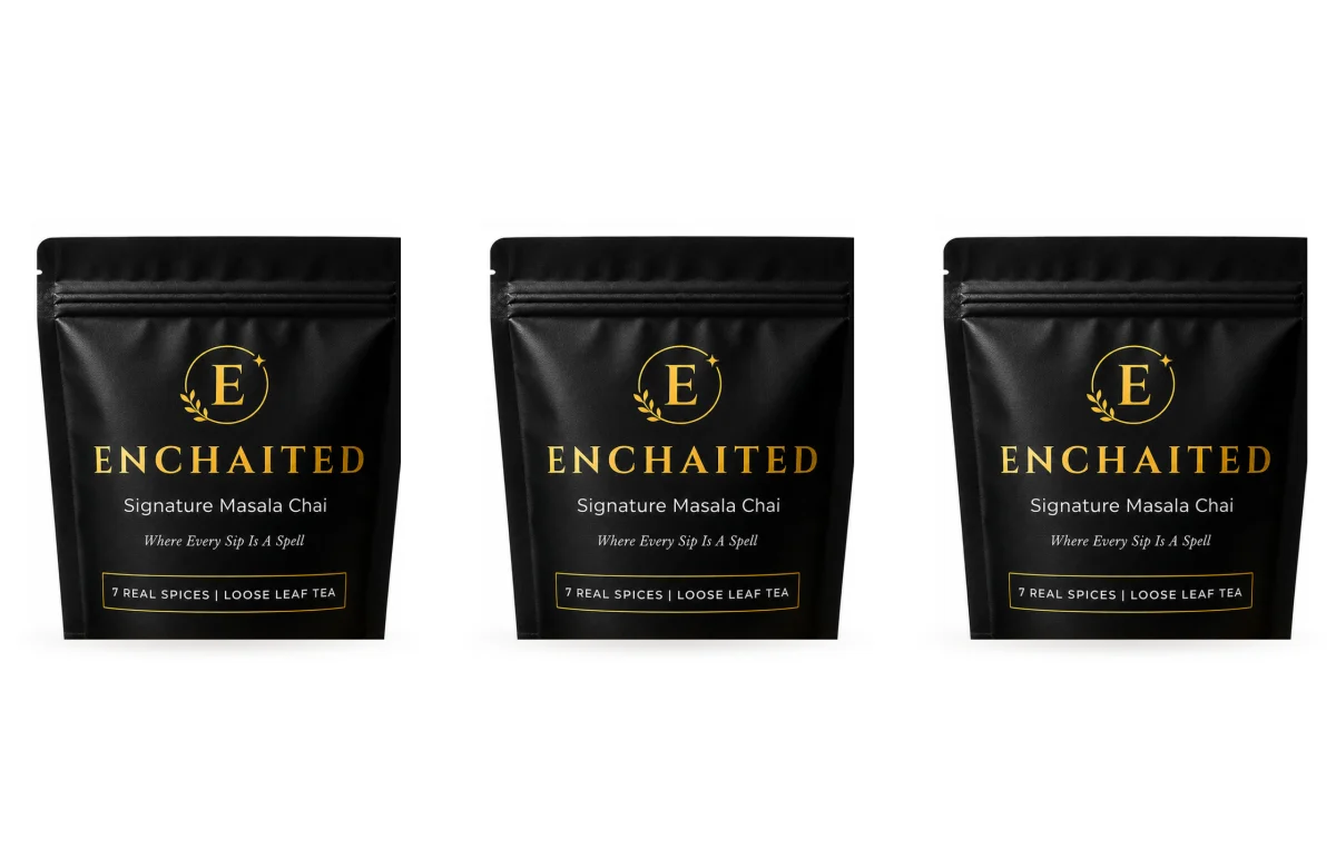 Three Enchaited Signature Masala Chai pouches arranged together