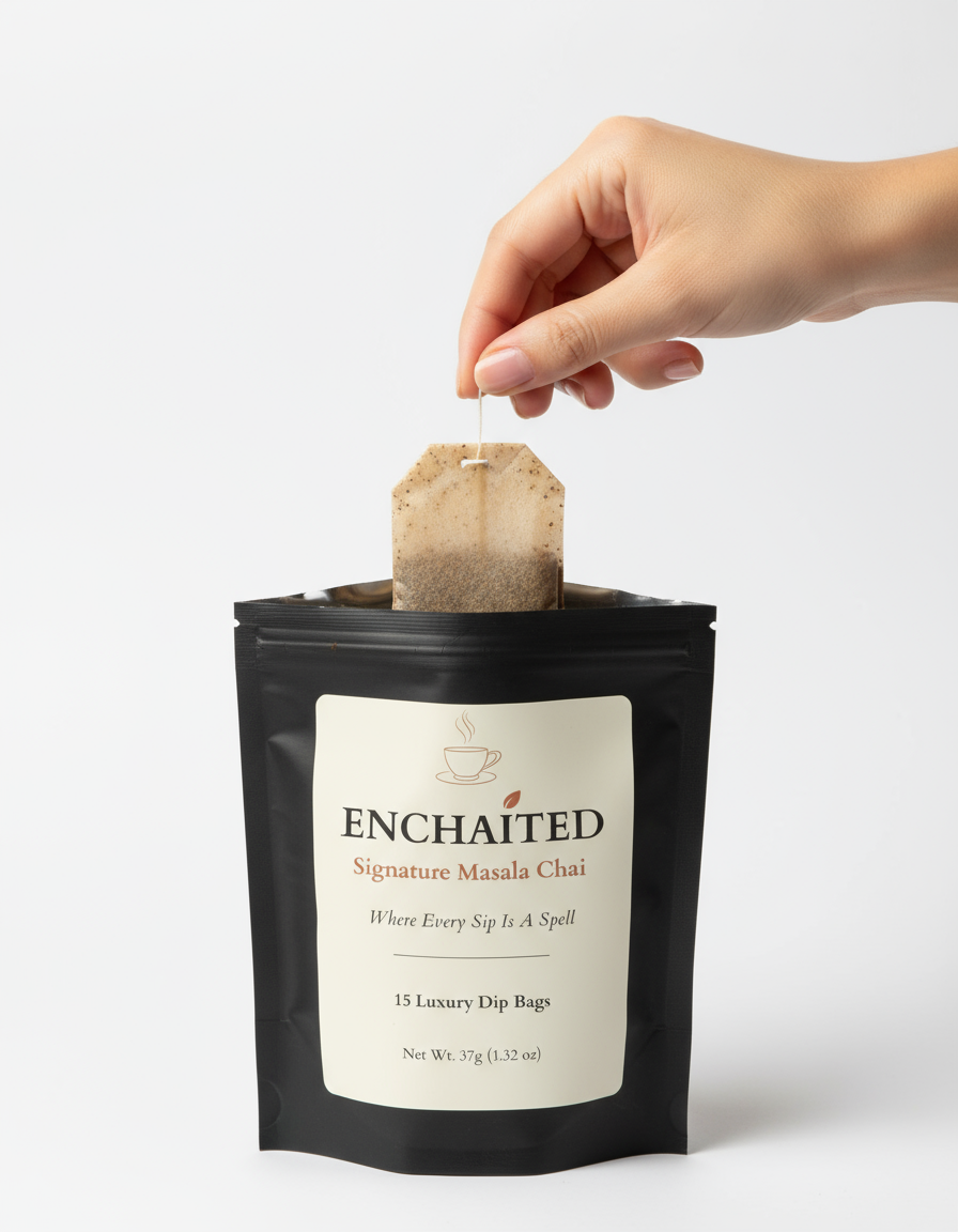 Hand lifting an Enchaited dip bag from the pouch