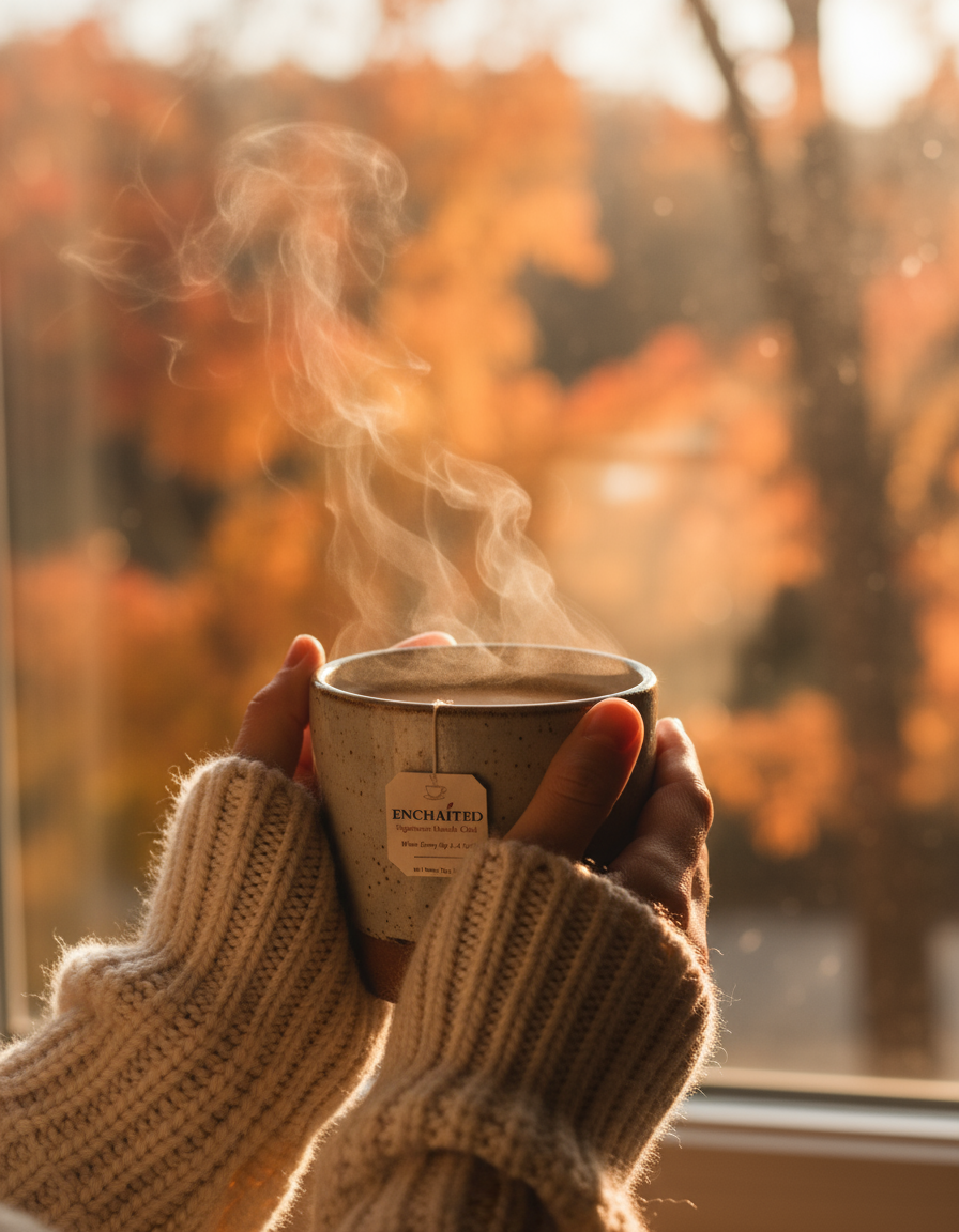 Hands holding a warm cup of Enchaited chai