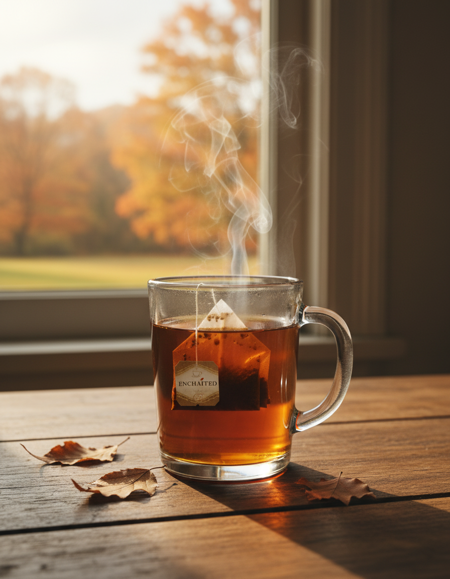 Dip bag steeping beside a fall window